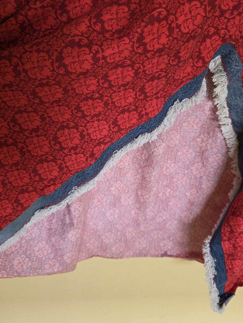 HAND CRAFTED Maxi Skirt UPCYCLED Blue Denim Dragonfly Fringed  Red Print Size 12 - Picture 5 of 9